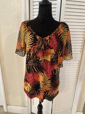 Liz McCoy Sheer Floral Flowy Short Sleeve Womens Blouse Top XL Cute Feminine NWT